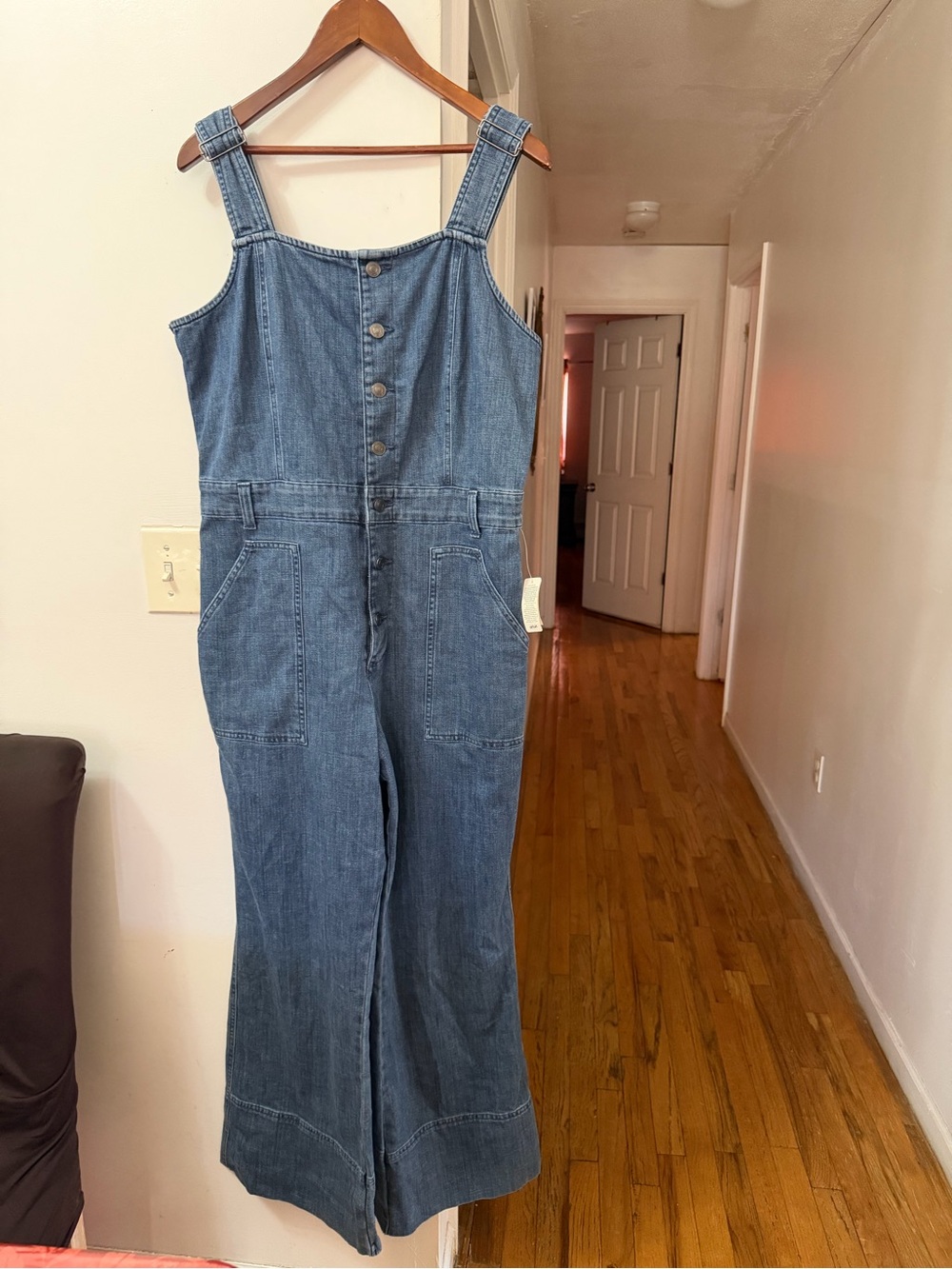 aerie Medium Blue Denim Wide-Leg Jumpsuit with Front Buttons
